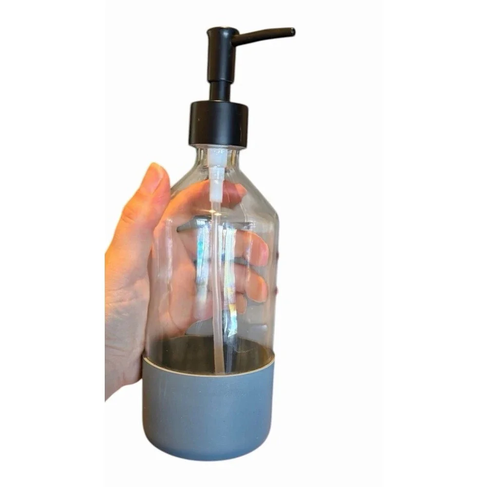 3 TARGET BULLSEYE REUSABLE GLASS SOAP/LOTION DISPENSER 9.25” Blue Silicone Base